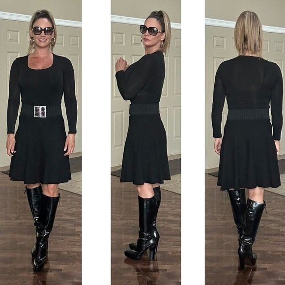 Black knit A-line mini skirt Sz M classy flowy stretchy pull-on - Picture 4 of 14